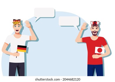 Men with German and Japanese flags. Background for the text. Communication between native speakers of the language. Vector illustration.