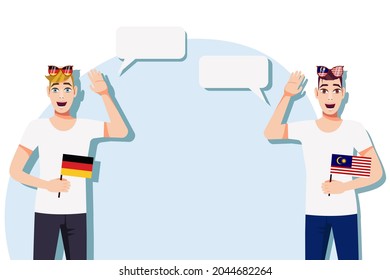 Men with German and Malaysian flags. The concept of international communication, education, sports, travel, business. Dialogue between Germany and Malaysia. Vector illustration.