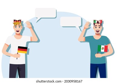 Men with German and Mexican flags. The concept of international communication, education, sports, travel, business. Dialogue between Germany and Mexico. Vector illustration.