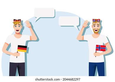 Men with German and Norwegian flags. Background for text. Communication between native speakers of Germany and Norway. Vector illustration.