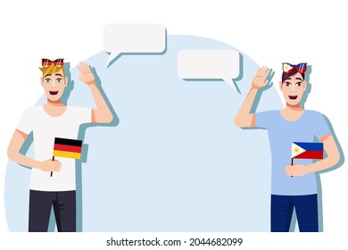 Men with German and Philippine flags. Background for the text. Communication between native speakers of the language. Vector illustration.