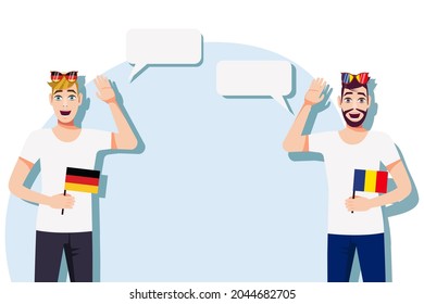 Men with German and Romanian flags. The concept of international communication, education, sports, travel, business. Dialogue between Germany and Romania. Vector illustration.