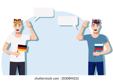 Men with German and Russian flags. Background for the text. Communication between native speakers of the language. Vector illustration.