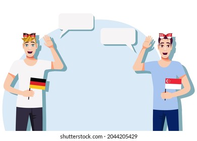 Men with German and Singapore flags. Background for the text. Communication between native speakers of the language. Vector illustration.