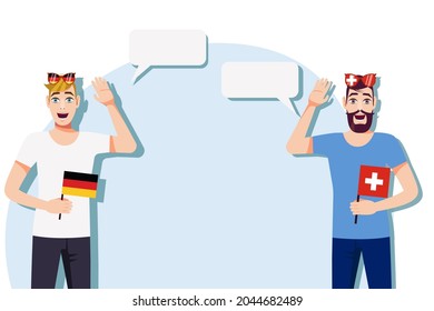 Men with German and Swiss flags. Background for the text. Communication between native speakers of the language. Vector illustration.