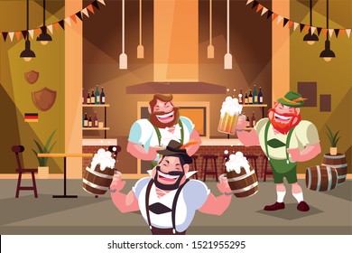 men with german traditional dress drink beer in bar Oktoberfest celebration vector illustration design