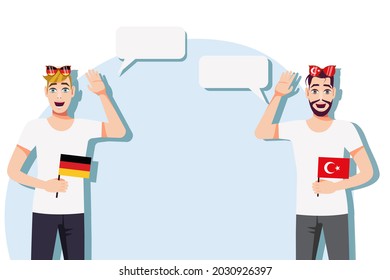 Men with German and Turkish flags. The concept of international communication, education, sports, travel, business. Dialogue between Germany and Turkey. Vector illustration.