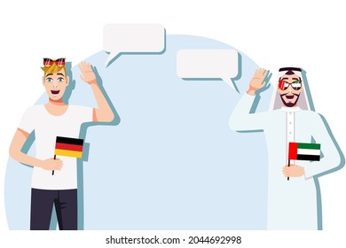 Men with German and UAE flags. The concept of international communication, education, sports, travel, business. Dialogue between Germany and the UAE. Vector illustration.