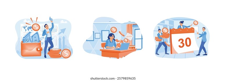 Men get extra pay. Freelancers earn salaries from the internet. Salary payment at the end of the month. Salary payment concept. Set flat vector illustration.