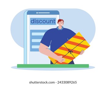 Men get great rewards while shopping online on e commerce. Character design. Vector flat illustration