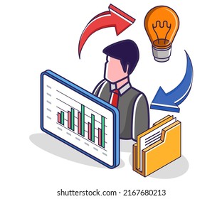 Men get ideas to develop investment business in isometric illustration