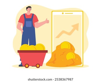 Men get many benefits when investing through mobile phones. Character design. Vector flat illustration