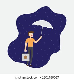 Men get rained on and take an umbrella after shopping. Illustration for background design of your web template.