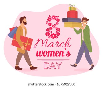 Men with gift boxes in their hands. Young guys are carrying presents on white background. Male character in store are prepairing for the March 8. Celebrating the International Women's Day concept