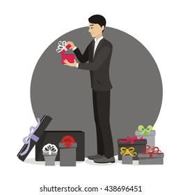 Men with a gift in his hands, vector illustration