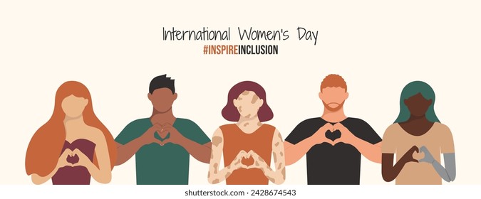 Men and girls side by side on Inspire Inclusion 2024 International Women's Day banner. Diversity Multiracial Girls and Boys with different figure, age, disabled Strike InspireInclusion pose on IWD.