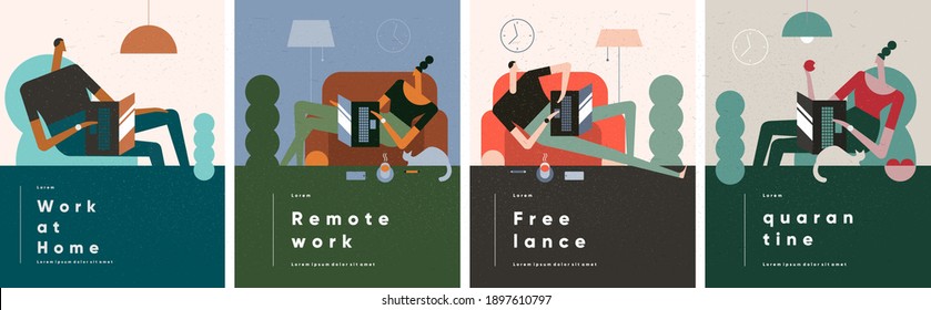 Men and girls working at home on the couch with a laptop. Freelance. Remote work at home in quarantine. Stay home. Vector illustration in flat cartoon style. Set of illustrations