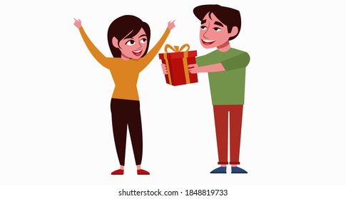 A men give a gift box his friend or lover with happy both of them and cute couple a man hand with gift box she happily get