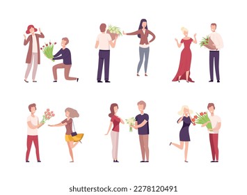 Men giving bouquet of flowers to women set. Congratulations of women on holiday or making marriage proposal flat vector illustration