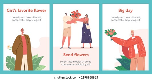 Men Giving Bouquets to Girls Cartoon Banners. Young Couples Meet Up. Boyfriend with Beautiful Flowers. Love, Human Relations, Gift for Valentine Day or Birthday, Surprise Concept. Vector Posters