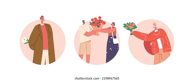 Men Giving Bouquets to Girls Isolated Round Icons. Young Couples Dating. Boyfriend Give Flowers to Girlfriend, Love, Human Relations, Gift for Valentine Day or Birthday. Cartoon Vector Illustration