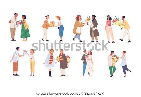 Men giving flower. Man give bundle flowers, women receive bouquet roses, romantic couple girlfriend getting gift on dating, wife and husband celebration classy vector illustration of bouquet girl