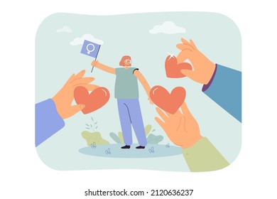 Men giving hearts to angry woman holding flag with female symbol. Feminist or lesbian rejecting compliments flat vector illustration. Feminism, LGBT community, love concept for banner, website design