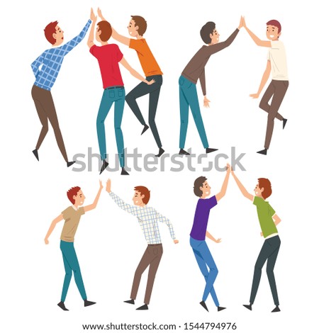 Men Giving High Five to Each Other Set, Meeting of Freinds or Partners Vector Illustration