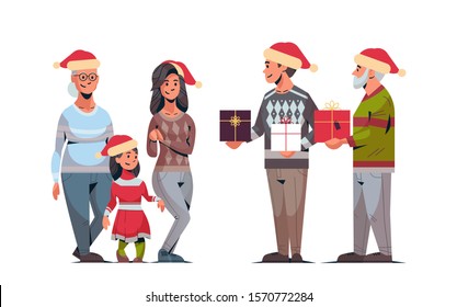 men giving present gift boxes to women multi generation family in santa hats celebrating merry christmas happy new year winter holidays concept horizontal full length vector illustration