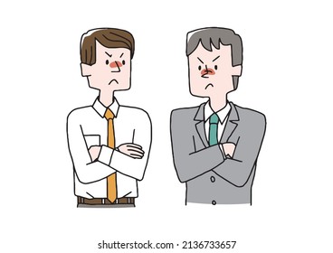 Men glaring at each other Comical handwritten person Vector, simple coloring of line drawing