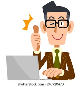 Men of glasses to be thumbsup in front of the PC