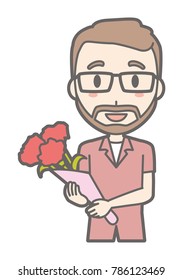 Men with glasses and beards have flowers bouquets