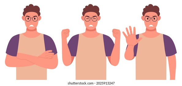 Men in glasses and curly hairstyle. Angry male character in different poses shows the emotion of aggression. Vector illustration.