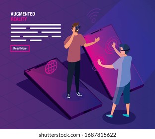 Männer mit einer Brille von Realität, die durch Augmented and Smartphone Vektorillustration Illustration Design