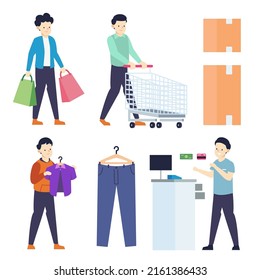 Men go to department stores and shop for items such as clothing and accessories. He paid by credit card. Flat isolated vector illustration