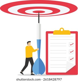 Hombres con metas y lista de verificación. establecimiento de metas. Vector Ilustración de stock

