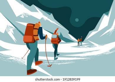 Men greet people in the mountains against the background of a winter landscape of mountains and clouds. Characters in winter clothes, walking in the mountains, winter sports. Alpinism.