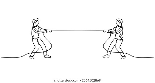 Men gripping a rope in continuous line drawing. Depicting strength, solidarity, and working together to overcome challenges. Vector illustration one line art minimalist.