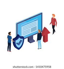 men group with computer desktop and shield