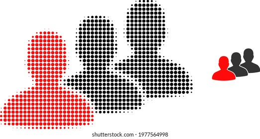 Men group halftone dotted icon illustration. Halftone array contains circle pixels. Vector illustration of men group icon on a white background. Flat abstraction for men group symbol.