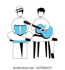 men with guitar and book isolated icon vector illustration design