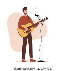 Men guitar player with microphone singing song. Illustration for websites, landing pages, mobile applications, posters and banners. Trendy flat vector illustration