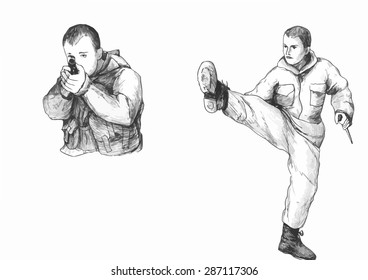 men with gun and knife