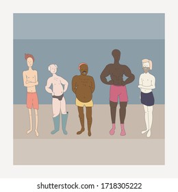 Men and guys with different types of figures, different nationalities and different hair colors in swimsuits on the beach. Vector illustration in flat style pastel colors with copy space.