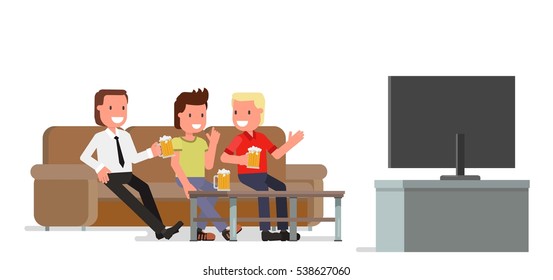 Men, Guys, Male Friends Drinking Beer And Watching TV. Couch. Isolated. Vector Illustration. Flat Design Style. Model Suitable For Animation (individual Segments). Isolated On A White Background.