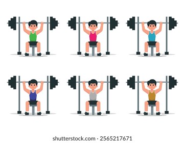 Men at gym fitness flat icon vector set weightlifting color cartoon