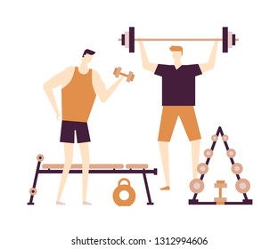 Men at the gym - flat design style colorful illustration on white background, brown palette. High quality composition with male characters, boys in sportswear doing exercises, lifting weight, barbells