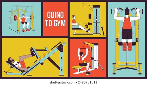 Men gym sports training bento grid illustration set. Weights lifting, pullups. Bodybuilding muscles 2D vector image collage design graphics collection. Exercise male flat characters moodboard layout