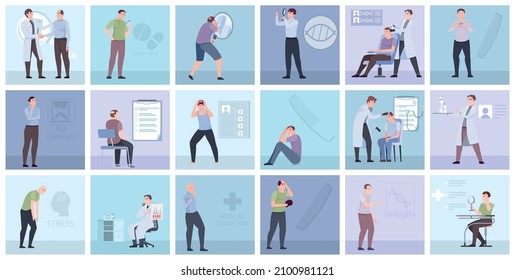 Men hair loss square set with baldness pattern symbols flat isolated vector illustration