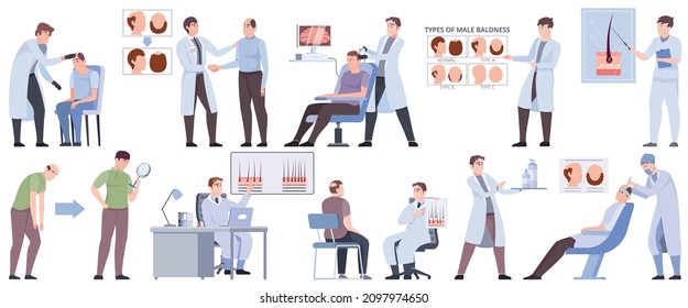 Men hair loss treatment set with baldness type symbols flat isolated vector illustration